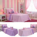 Kit cobre leito solteiro infantil Reino Encantado 4 peças dupla face. Microfibra macia, estampas vibrantes e acabamento matelassado.