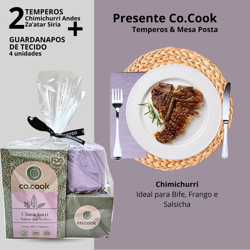 CoCook Kit Trio Presente Tempero Carne Chimichurri Za'atar com Guardanapo de Tecido