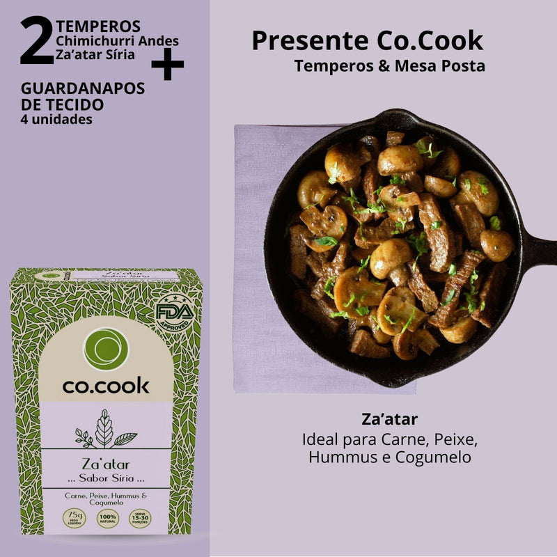 CoCook Kit Trio Presente Tempero Carne Chimichurri Za'atar com Guardanapo de Tecido