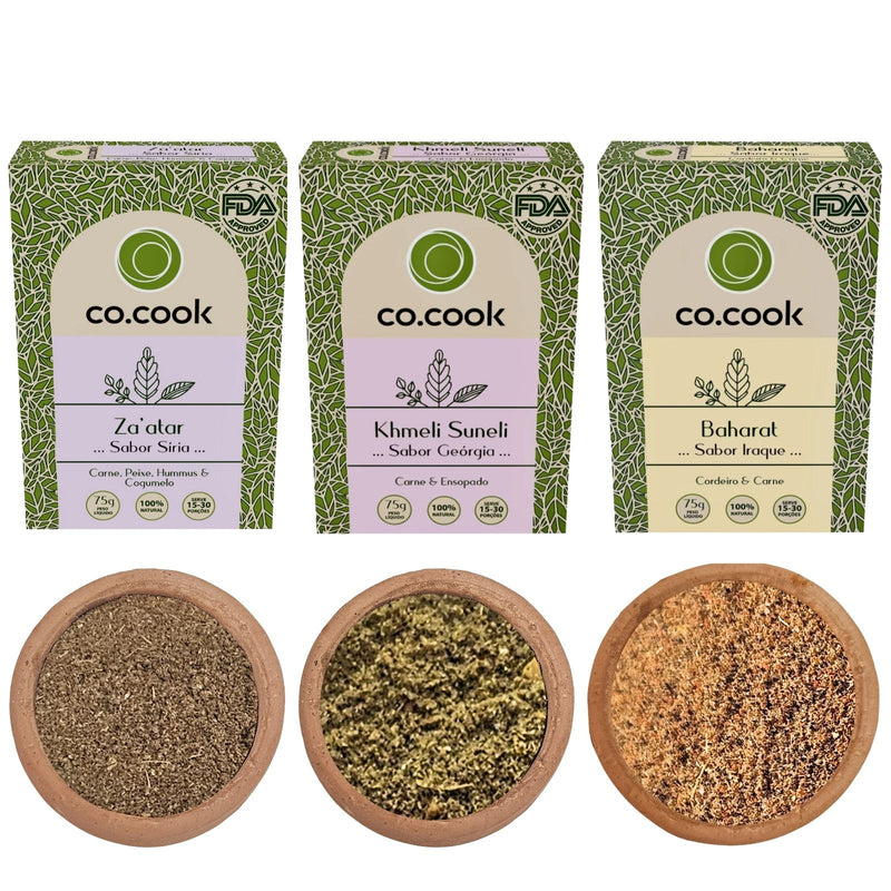 Kit 3 Temperos Funcionais Co.Cook – Zaatar, Khmeli Suneli e Baharat | 100% Natural, Zero Glúten, Zero Lactose, Zero Conservantes, Zero Corantes, Zero Sódio