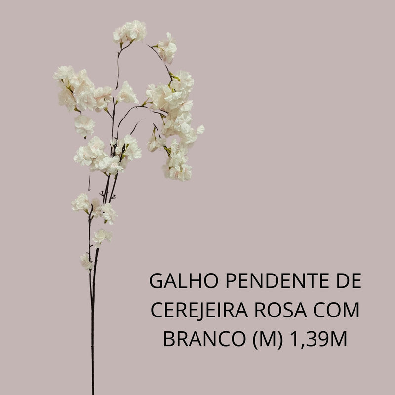 Kit 3 Hastes Galho Pendente de Cerejeira Rosa e Branco Decoração de Ambientes 1,39cm