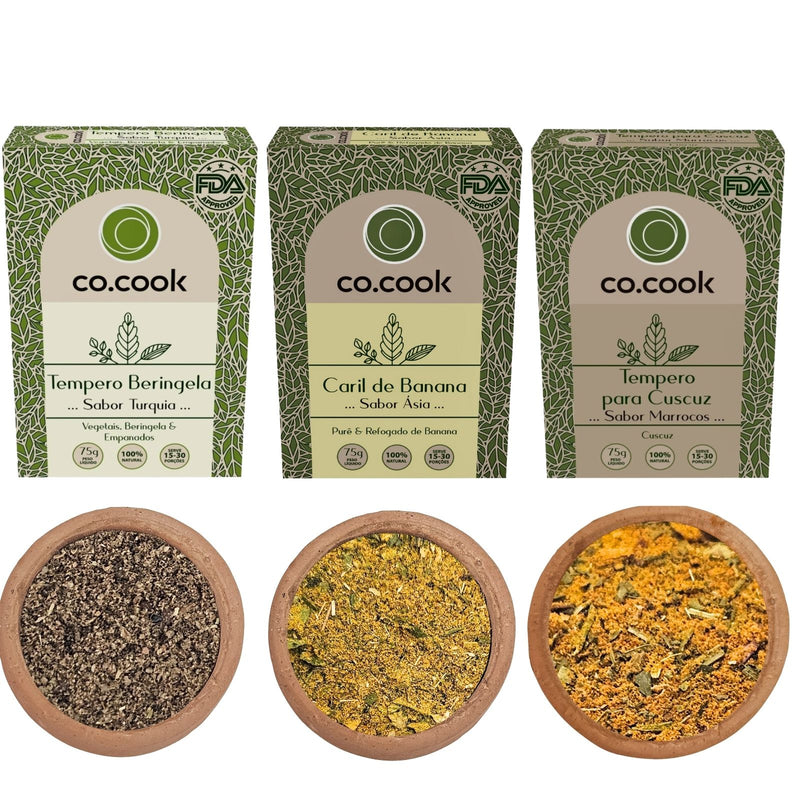 Kit 3 Temperos Funcionais Co.Cook – Caril de Banana, Beringela e Cuscuz Marroquino | 100% Natural, Zero Glúten, Zero Lactose, Zero Conservantes, Zero Corantes, Zero Sódio