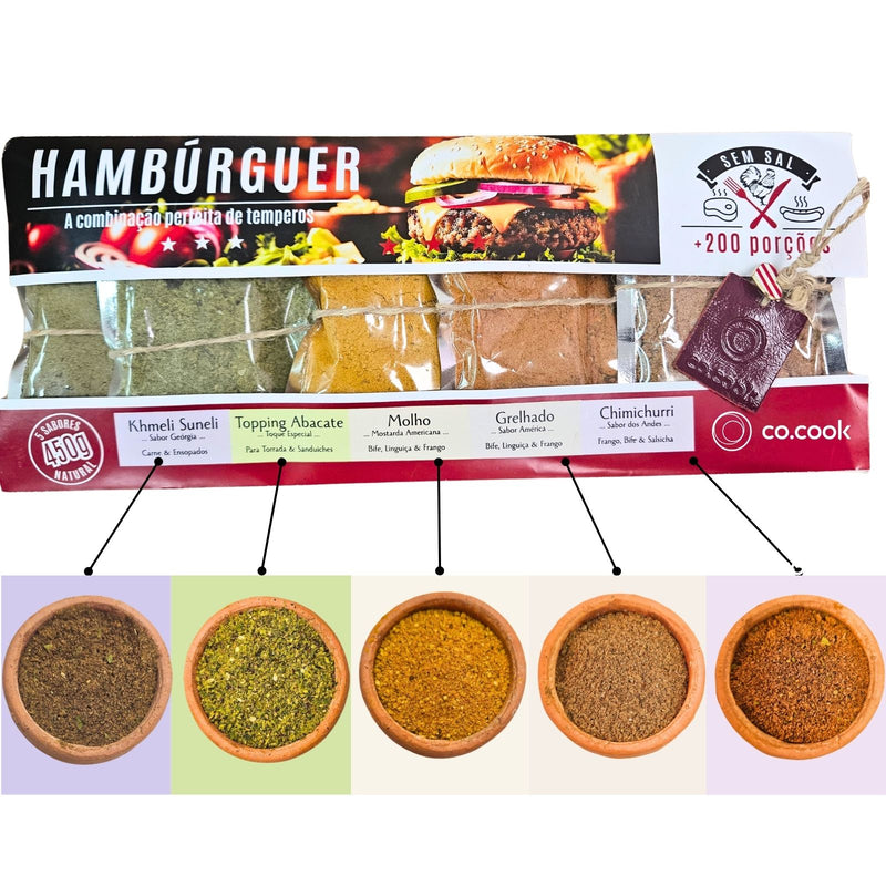 CoCook Hamburguer 5 sabores Temperos 100% natural Grelhado Chimichurri Mostarda Abacate Kmeli Suneli