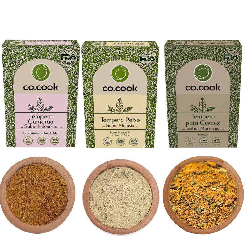 Kit 3 Temperos Funcionais Co.Cook – Camarão, Peixe e Cuscuz Marroquino | 100% Natural, Zero Glúten, Zero Lactose, Zero Conservantes, Zero Corantes, Zero Sódio