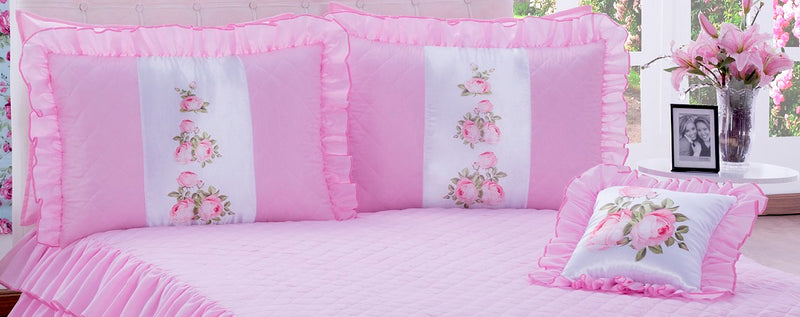 Kit Colcha com babado Sofia Casal 04 peças Rosa
