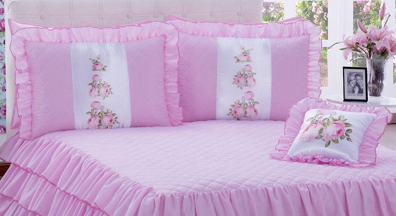 Kit Colcha com babado Sofia Casal 04 peças Rosa