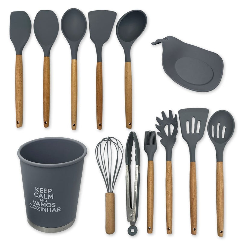 Kit Utensílios de Cozinha Silicone 13pçs Cinza