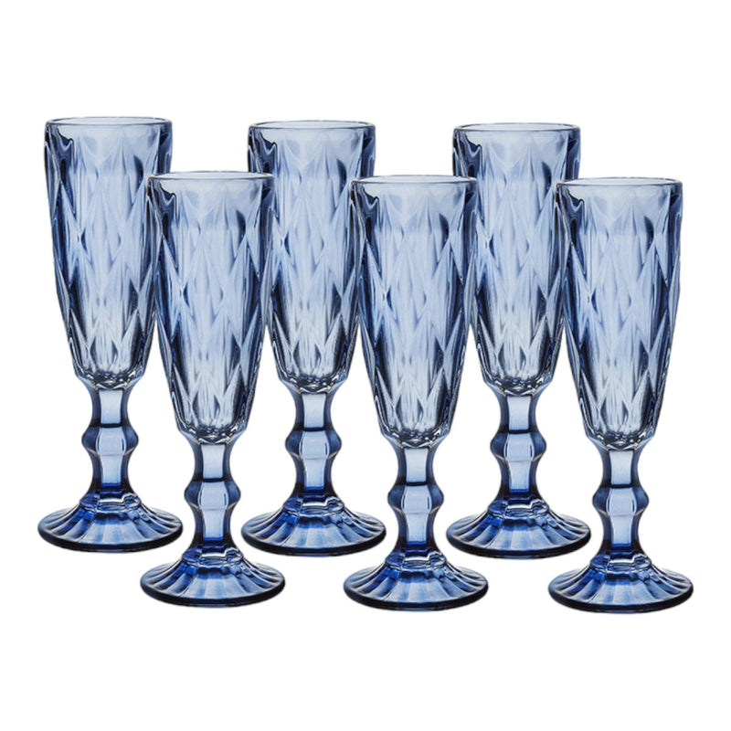 Set 6 Taças para Champanhe De Vidro Diamond Azul 140ml Hauskraft