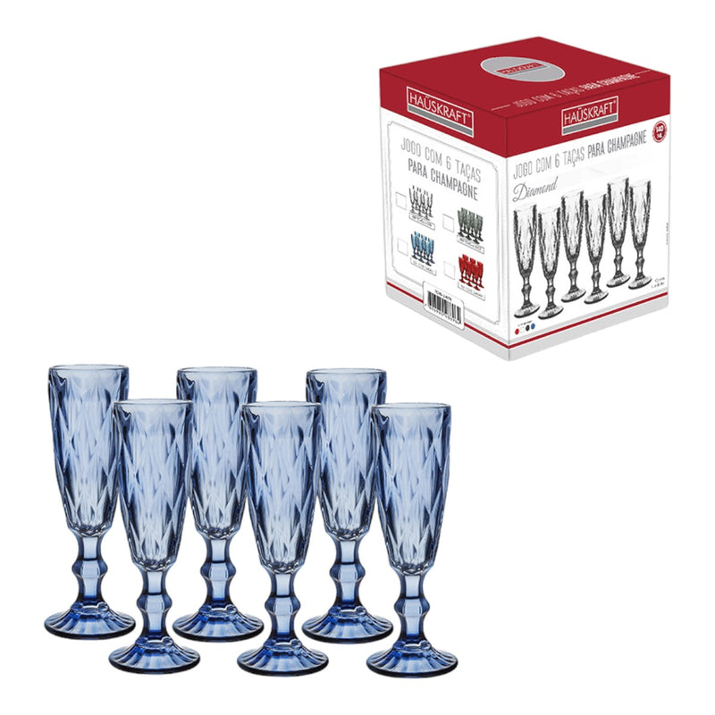 Set 6 Taças para Champanhe De Vidro Diamond Azul 140ml Hauskraft