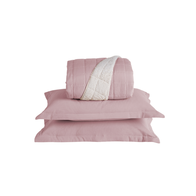 Kit Cobre Leito Matelado Dupla Face Sherpa de Carneiro 3 Peças Casal Percal 180 Fios - Rosa