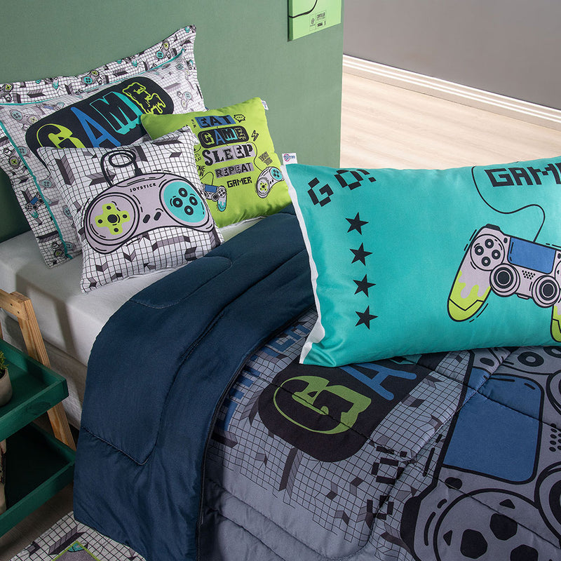 Kit Edredom Solteiro 5 Peças Game Juvenil 100% Poliéster Hipercal 400 Fios
