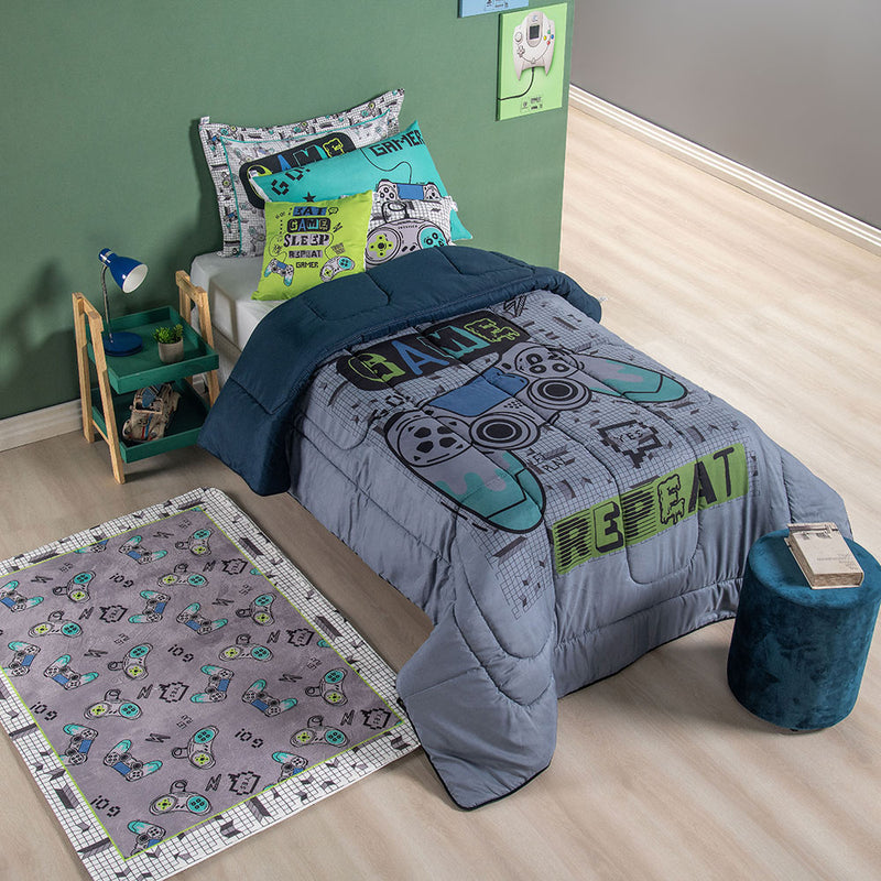 Kit Edredom Solteiro 5 Peças Game Juvenil 100% Poliéster Hipercal 400 Fios