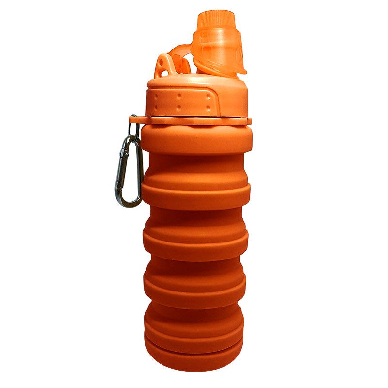 Garrafa Silicone Dobrável Retrátil 500 mL Tampa Rosca com Mosquetão Laranja