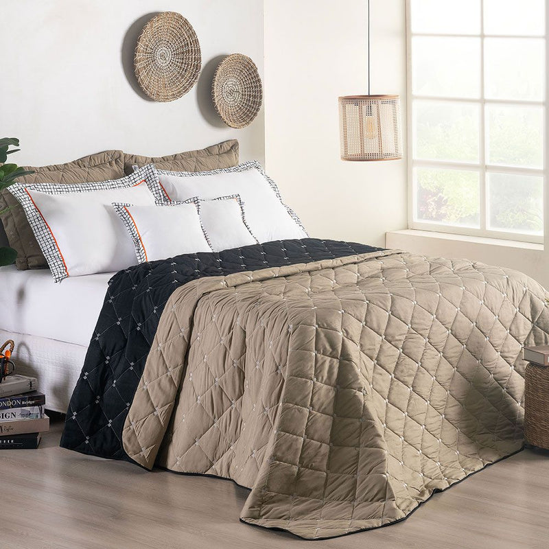 Kit Cobre Leito Dupla Face Casal Padrão Bordado Renove Hipercal 400 Fios Cor:cáqui