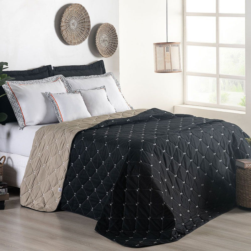 Kit Cobre Leito Dupla Face Casal Padrão Bordado Renove Hipercal 400 Fios Cor:cáqui