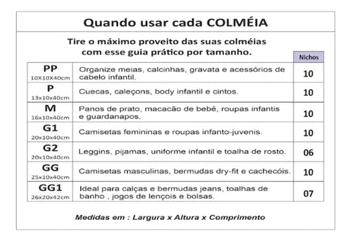 Organizador de Roupas e Acessórios Colmeia com 10 Divisórias – Tamanho P 13x10x40