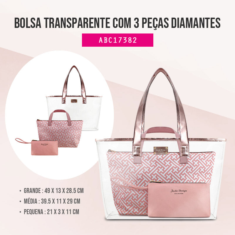 Bolsa Transparente com 3 Peças Diamantes Jacki Design