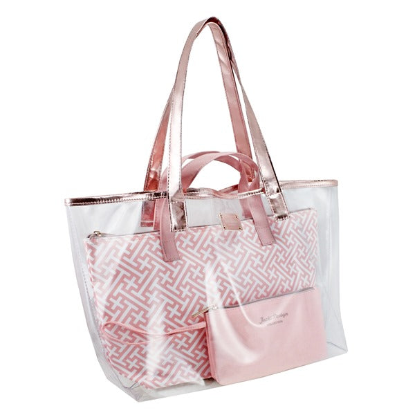 Bolsa Transparente com 3 Peças Diamantes Jacki Design - Rosa