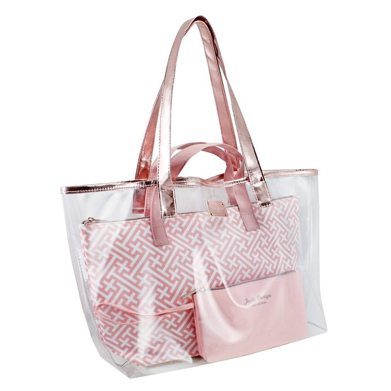 Bolsa Transparente com 3 Peças Diamantes Jacki Design - Rosa