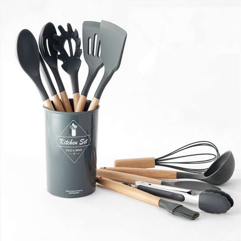 Kit C/12 Utensílios De Cozinha Silicone Cabo Madeira