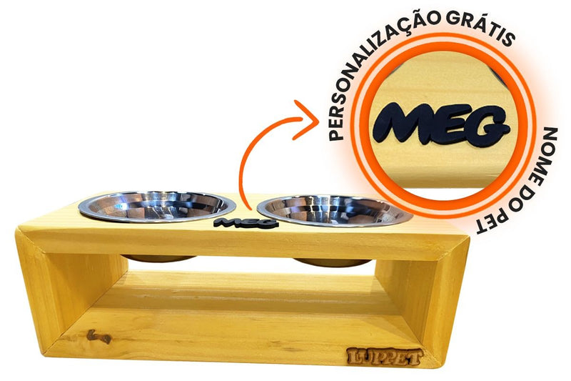 Comedouro Duplo De Madeira Personalizado Com Potes Inox Para Gatos E Cachorros C