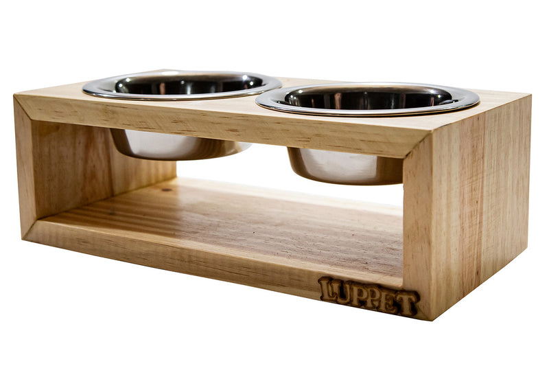 Comedouro Duplo De Madeira Personalizado Com Potes Inox Para Gatos E Cachorros C
