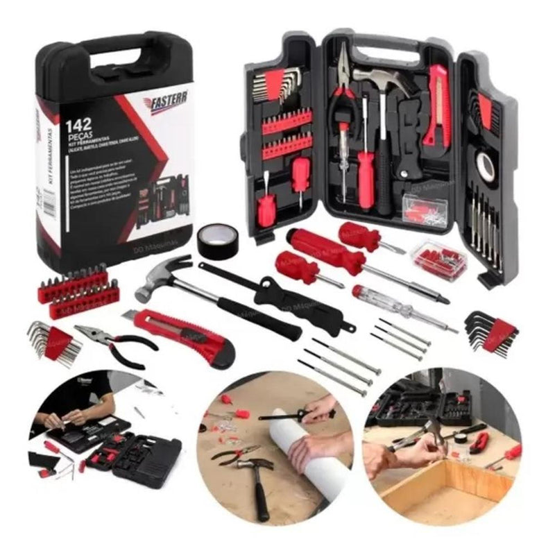 Kit Ferramentas 142 Peças Maleta Chaves Martelo Soquetes