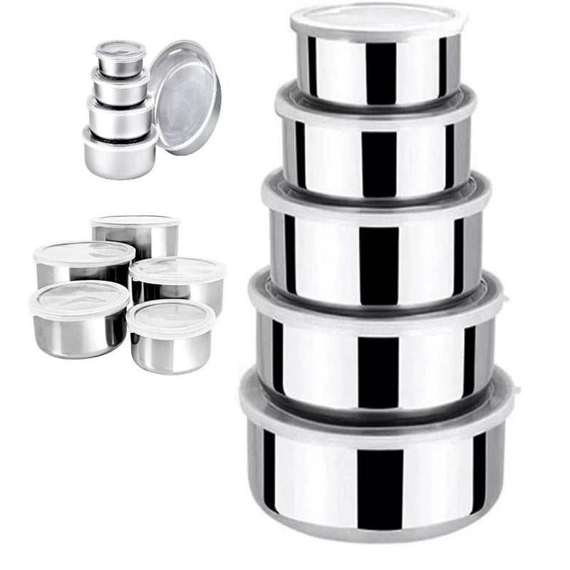 KIT 5 Potes Tigelas Inox Guarda Alimento Bowl Saladeira Jogo Vasilha com Tampa