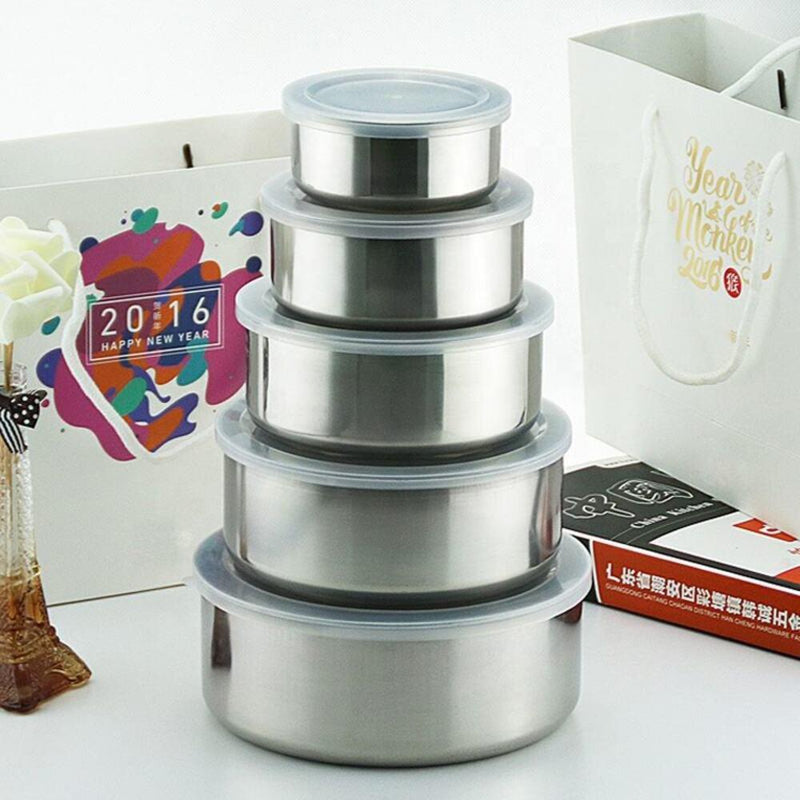 KIT 5 Potes Tigelas Inox Guarda Alimento Bowl Saladeira Jogo Vasilha com Tampa