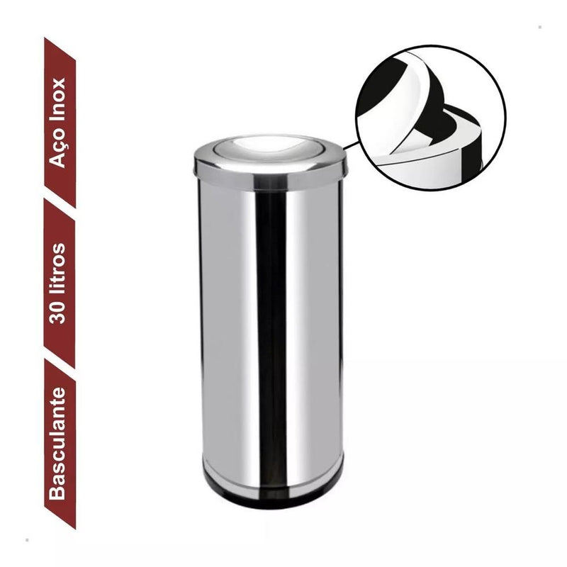 Lixeira Inox Basculante 30L Tampa Giratória Cozinha Banheiro