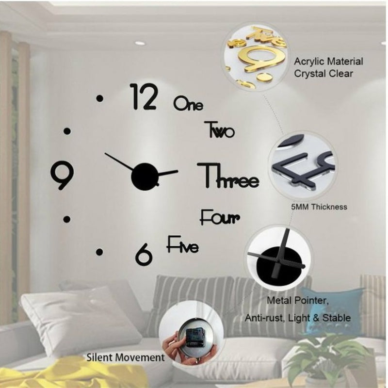 Relógio de Parede 3D 50cm Preto - Luxo e Decoração