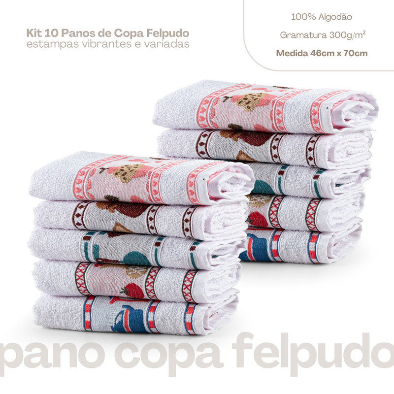 Kit 10 panos de copa para cozinha felpudos variados