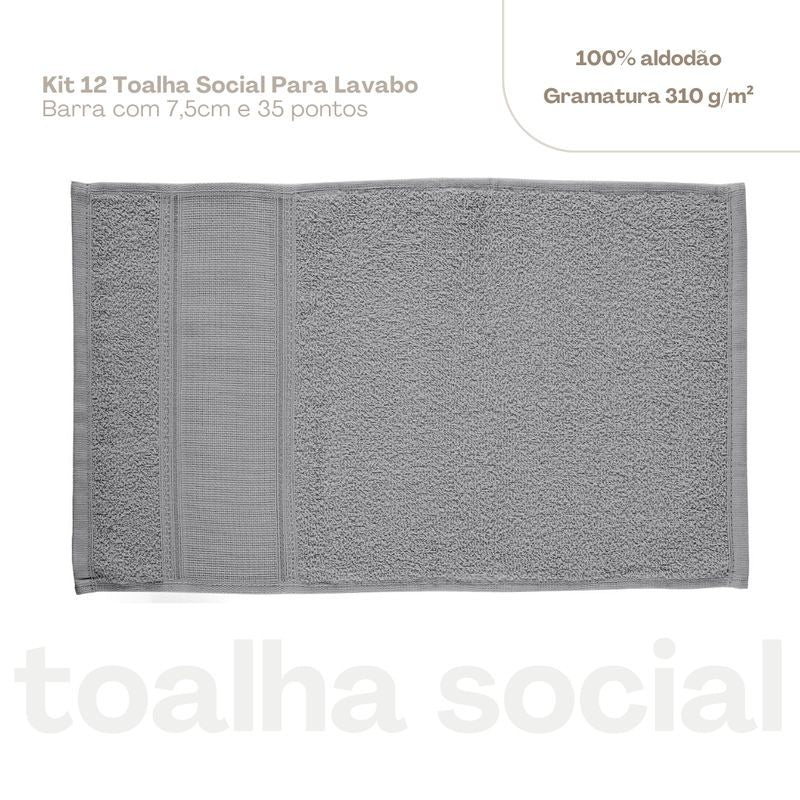 Kit 12 toalhas de lavabo social Cinza Granito