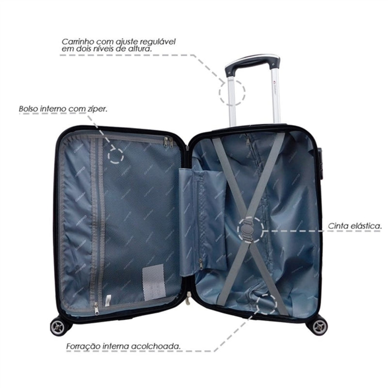 Mala de Viagem Rígida ABS Pequena com Giro 360 e Cadeado Cor:Preto;Tamanho:U