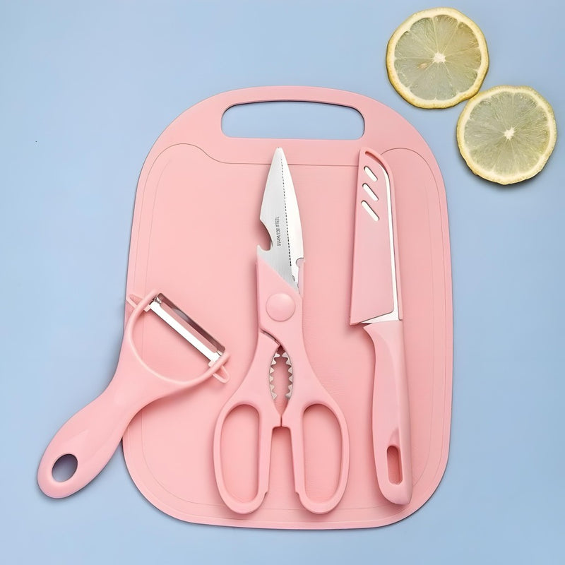 Kit 4 Peças Cozinha Tábua Faca Tesoura Descascador Luatek LCC-2313