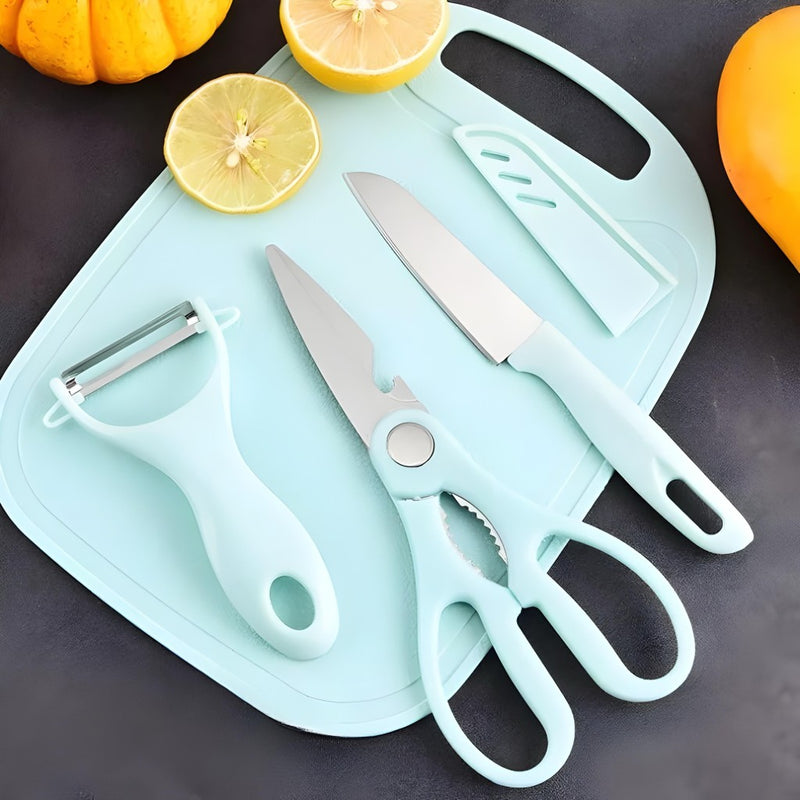 Kit 4 Peças Cozinha Tábua Faca Tesoura Descascador Luatek LCC-2313
