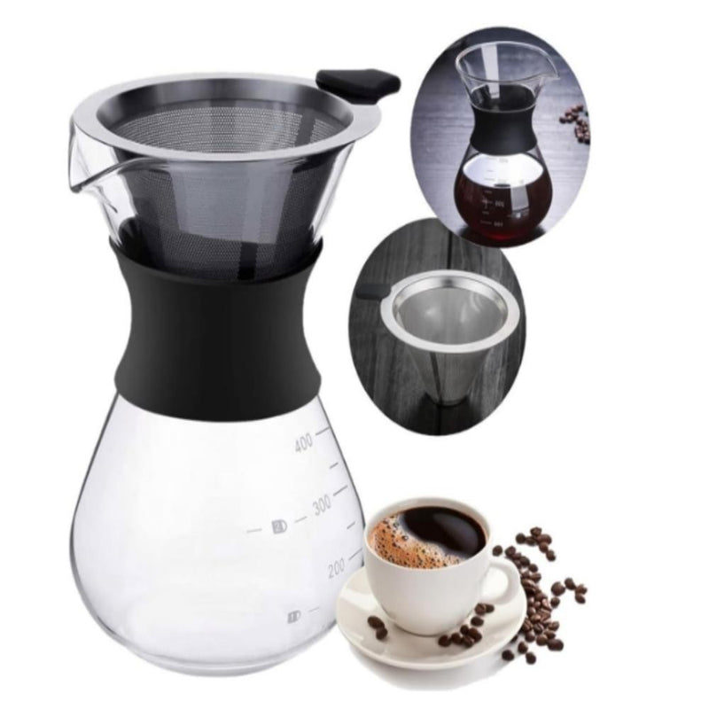 CAFETEIRA VIDRO COM COADOR INOX FILTRO PASSADOR CAFE 400ML BULE JARRA MANUAL BOR