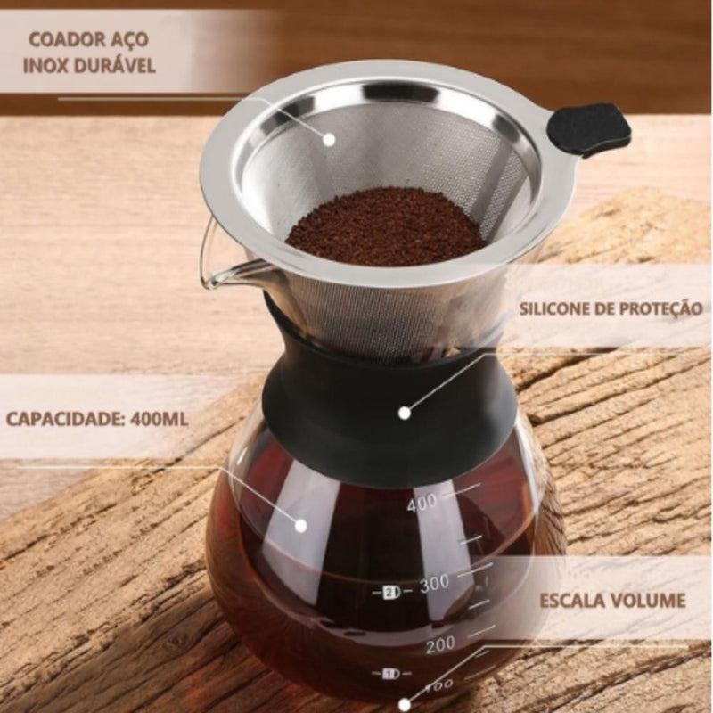 CAFETEIRA VIDRO COM COADOR INOX FILTRO PASSADOR CAFE 400ML BULE JARRA MANUAL BOR