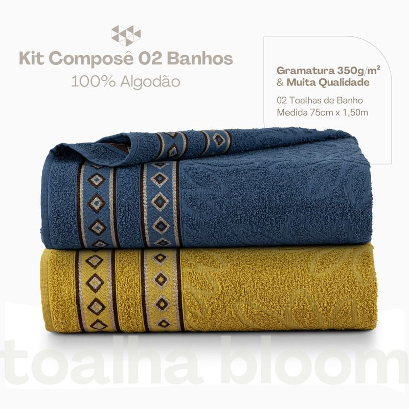 Kit 02 Toalhas de Banho Avulsas Bloom Azul e Amarelo