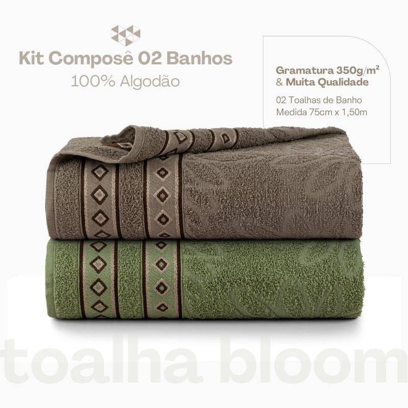 Kit 02 Toalhas de Banho Avulsas Bloom Marrom e Verde