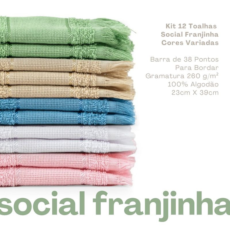 Kit com 12 Toalha Social Franjinha 23cm x 39cm Sortidas