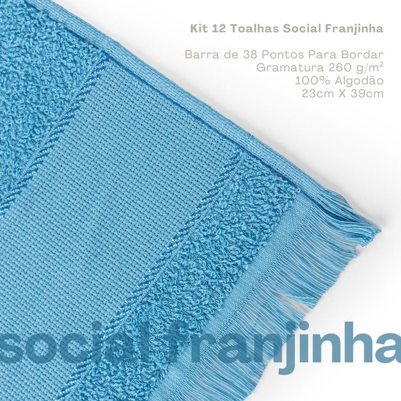Kit com 12 Toalha Social Franjinha 23cm x 39cm Azul Pacifico