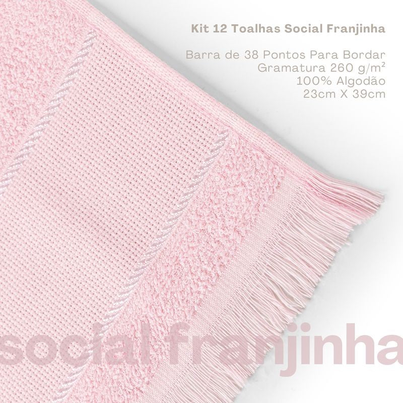 Kit com 12 Toalha Social Franjinha 23cm x 39cm Rosa Bebe