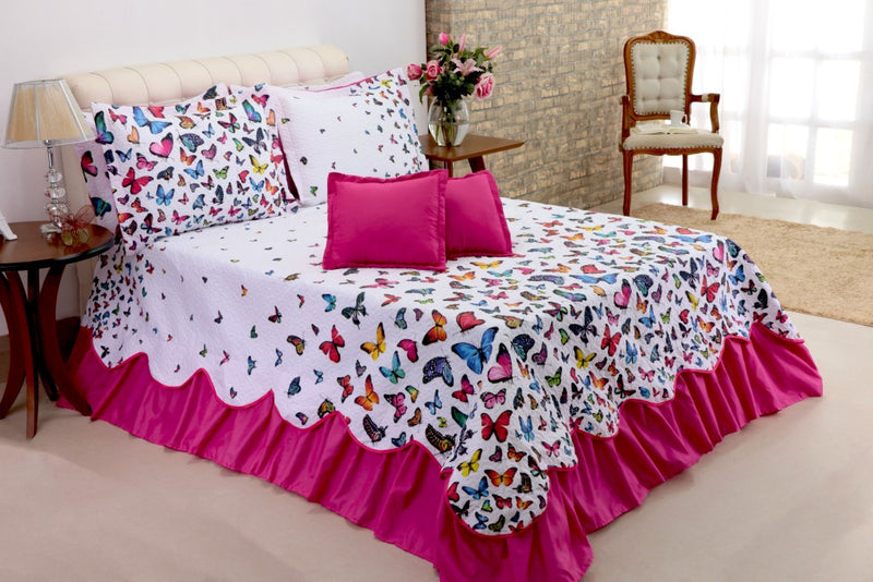Kit Colcha Cobre leito Belize casal queen 05 pçs Borboletas