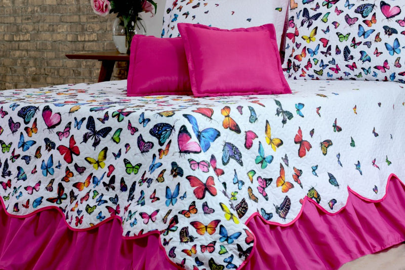 Kit Colcha Cobre leito Belize casal queen 05 pçs Borboletas