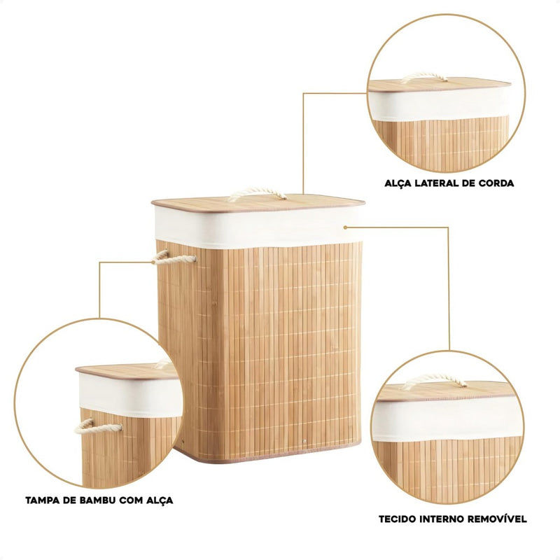 Cesto De Bambu Retangular 72L Com Tampa Forrado B-Max BM-F1102