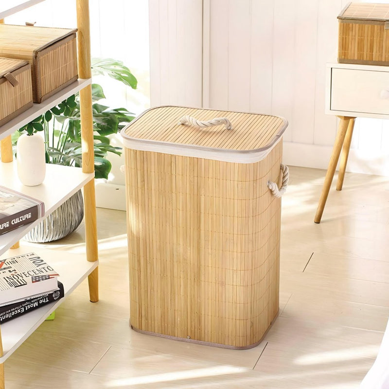 Cesto De Bambu Retangular 72L Com Tampa Forrado B-Max BM-F1102