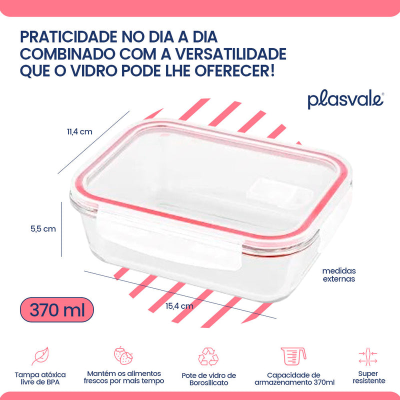 Pote De Vidro Retangular Hérmetico 370ml Forno E Micro Ondas