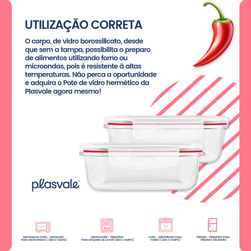 Pote De Vidro Retangular Hérmetico 370ml Forno E Micro Ondas